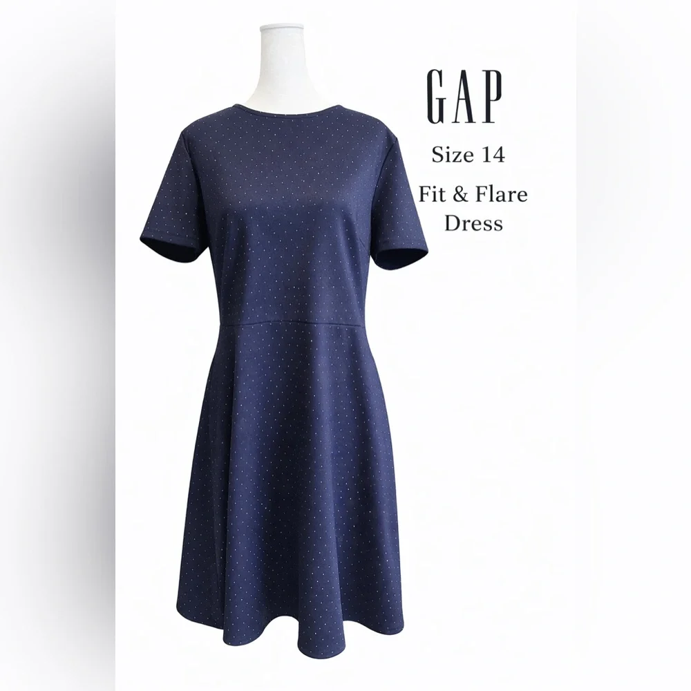 GAP Navy Blue Polka Dot Fit & Flare Dress Size 14
